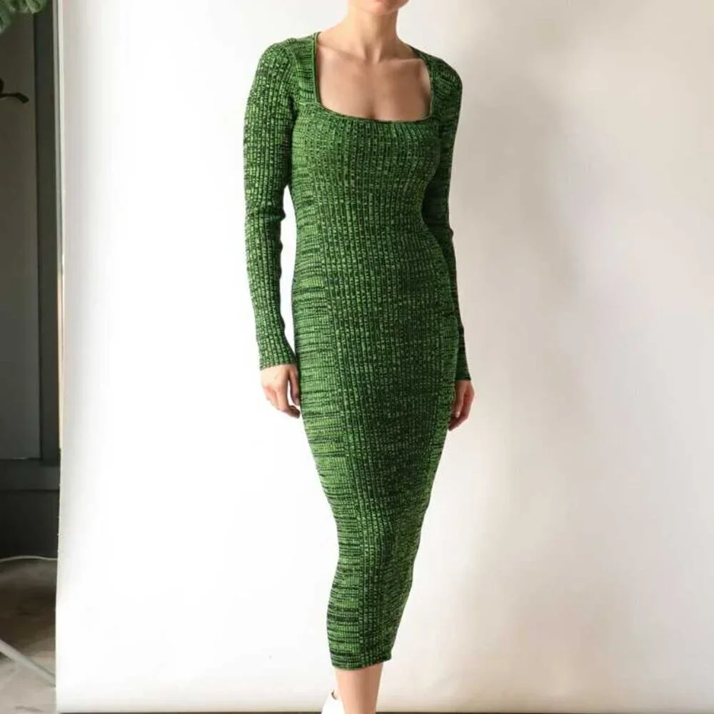 Ganni Melange Dress Midi Green Knit Long Sleeve Bodycon XS